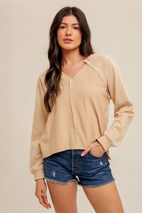 Hem & Thread Tops - V Neck Asymmetrical Hem Loose Fit Sweatshirt